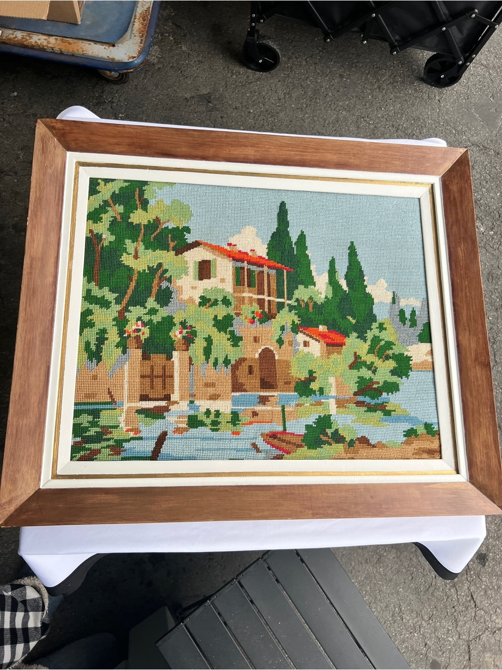 Vintage Framed Needlepoint Wall Art Mediterranean Villa 25x21"